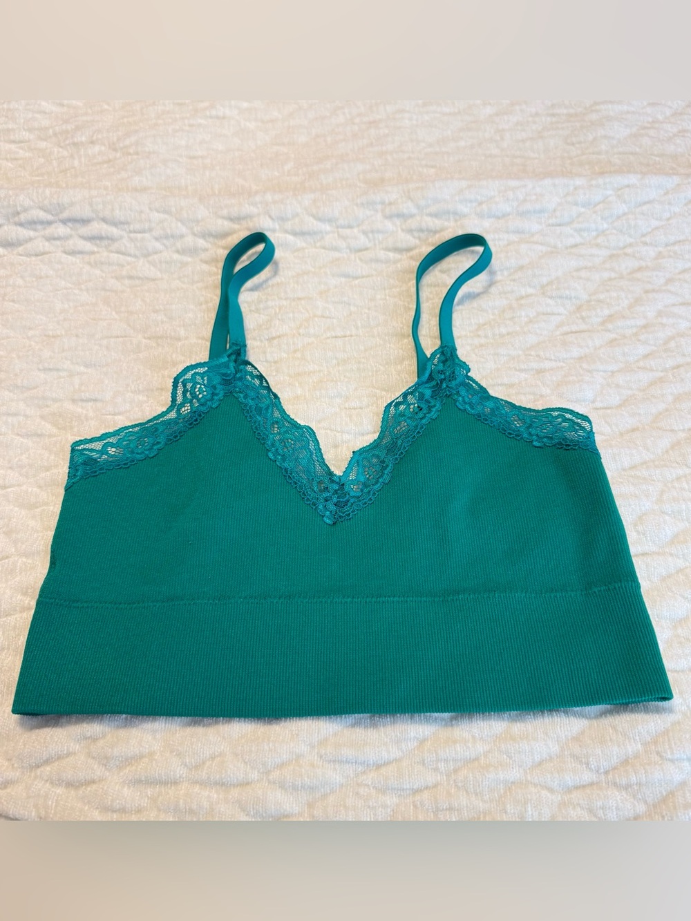 George Green Teal Bralette Bra Lace Trim Size Small Ribbed - Picture 2 of 6